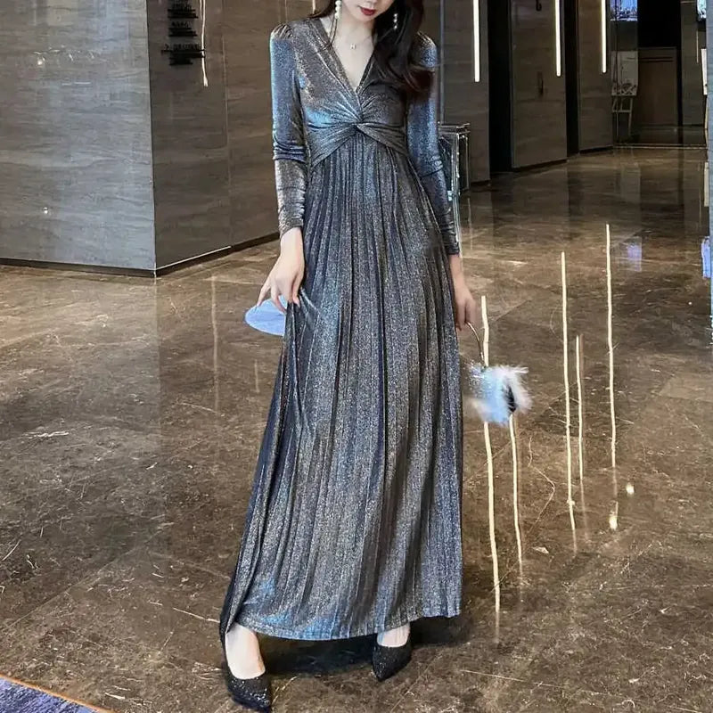 法式 優雅 高級感 輕奢 氣質 褶皺 v領 晚禮服 長洋裝 M 灰色