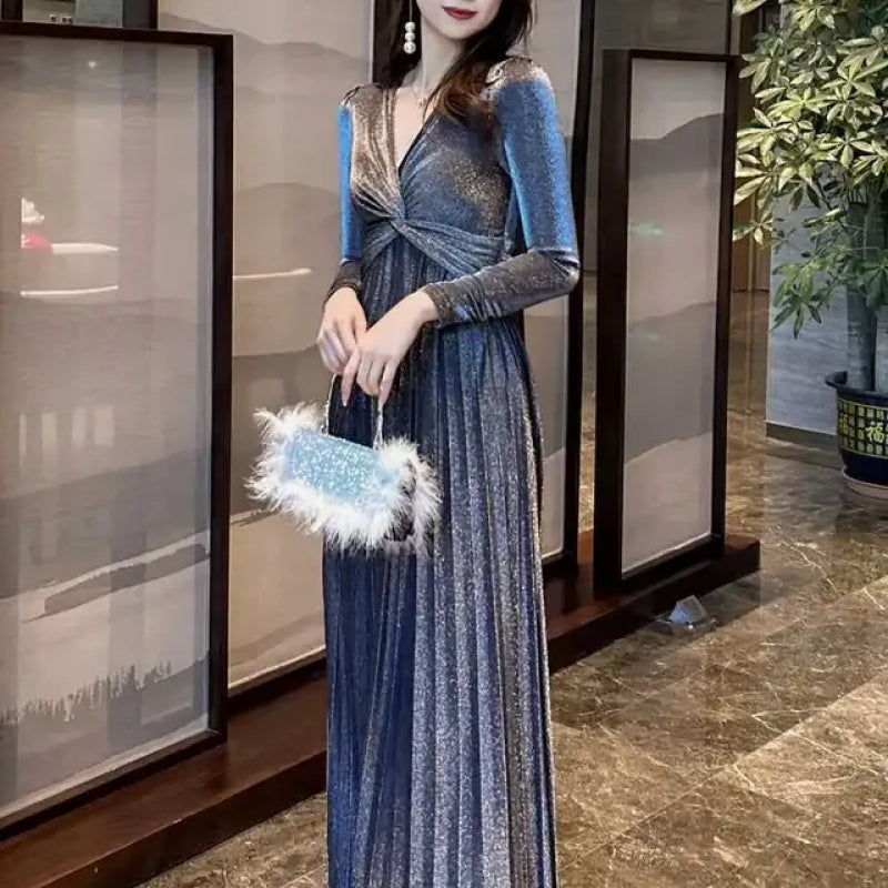 法式 優雅 高級感 輕奢 氣質 褶皺 v領 晚禮服 長洋裝 M 灰色