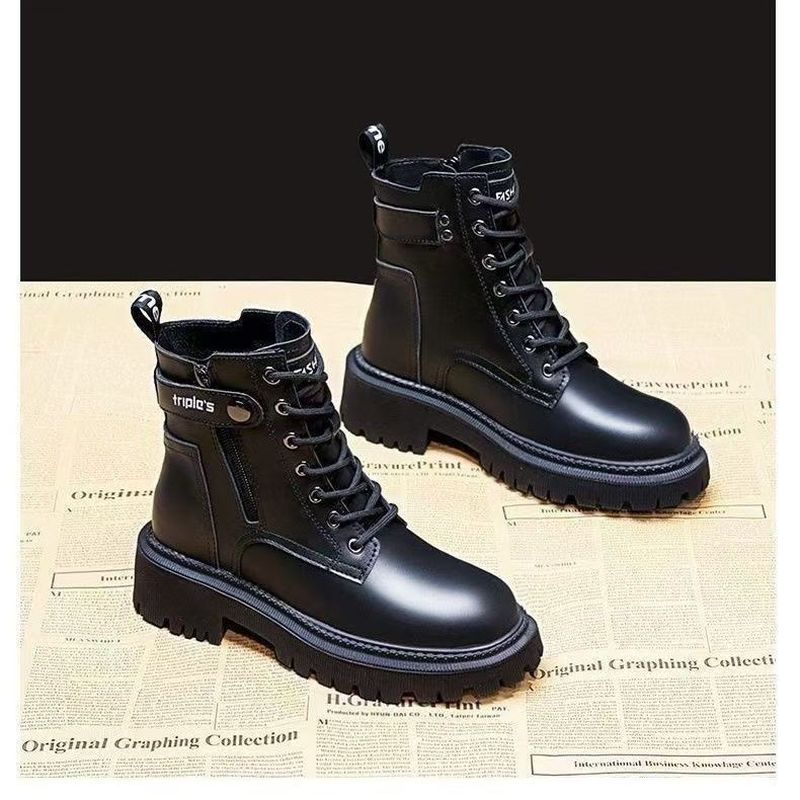 英倫風 帥氣 時尚 防水 加絨 厚底 內增高 中筒 馬丁靴 靴子 35 黑色/單裡
