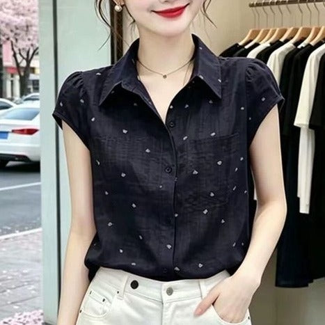 清倉特價波點印花翻領單排扣短袖襯衫 M 藍色 圓點 韓版 常規 無 一般 夏 紐扣 顯瘦 遮肉 日常