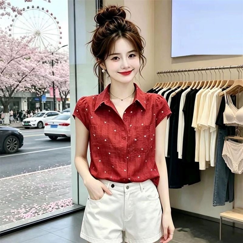 清倉特價波點印花翻領單排扣短袖襯衫 M 紅色 圓點 韓版 常規 無 一般 夏 紐扣 顯瘦 遮肉 日常