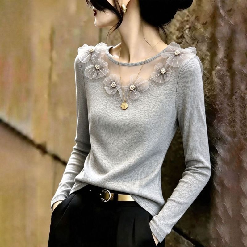 網紗拼接正肩修身長袖T恤 M 灰色 素面 花朵 大碼裝 時尚 輕熟 常規 珍珠 一般 圓領 套頭 胸口透視 針織 春秋 秋冬 秋