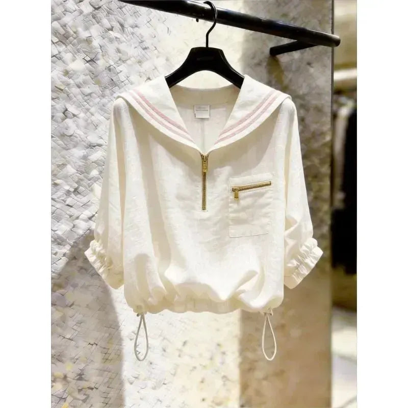 設計感 海軍風 下擺 抽繩 泡泡袖 襯衫 M 藏青色