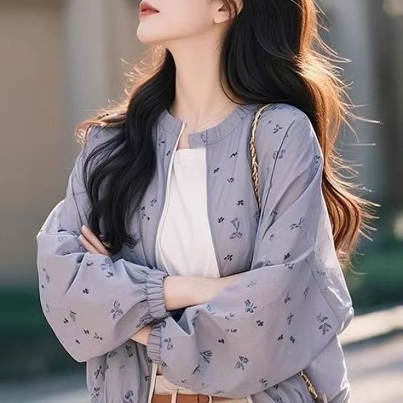 潮流百搭款速乾透氣印花防曬外套 M 淡紫色 聚酯纖維 長袖 時尚 休閑 韓版 常規 拉鍊 短款 春夏秋 圓領 拉鏈 春秋 春夏 春 夏 秋