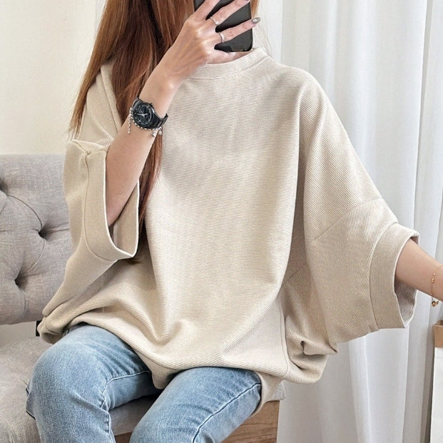 日系 簡約 寬鬆 休閒 顯瘦 百搭 飛鼠袖 T恤 均碼 摩卡色 素面 無 20-50代 套頭 圓領 夏 春 蝙蝠袖 聚酯纖維 自然 休閑 五分袖 遮肉