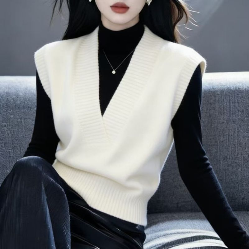 穿搭神器時尚V領寬鬆無袖針織馬甲 XS 白色 素面 簡約 休閑 一般 套頭 顯瘦 通勤 日常 春秋 春