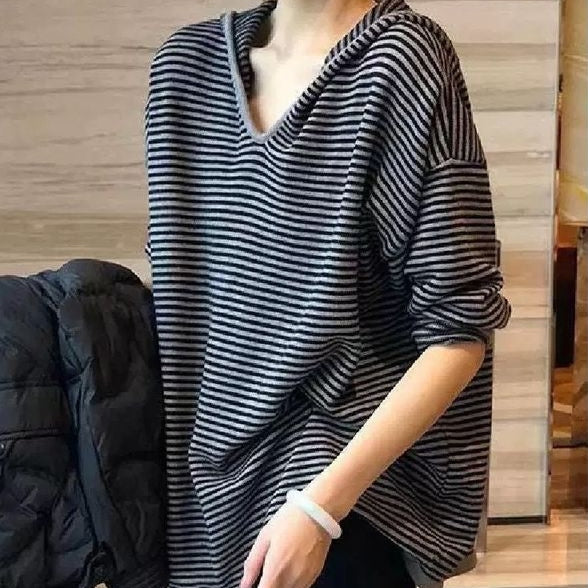 必備百搭款 條紋 V領 寬鬆 遮肉 衛衣 M 條紋