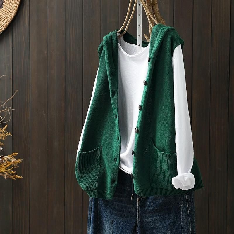 全5色 文藝風 寬鬆 休閒 雙口袋 無袖 坎肩 外套 S 綠色 素面 休閑 森系 有口袋 中長款 秋 冬 秋冬 連帽 單排扣 30-50代 針織