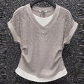 時尚 氣質 重工 燙鑽 顯瘦 假兩件 短袖 T恤 M 灰色 撞色 針織 休閑 韓版 輕熟 常規 假兩件/疊穿 短款 夏 圓領 V領 套頭 20-30代