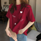 休閒 百搭 洋氣 印花設計 圓領 短袖 T恤 S 波爾多紅 (LOVE愛心/常規短袖) 字母 20-30代 套頭 春夏秋 春夏 夏 常規 休閑 時尚 棉