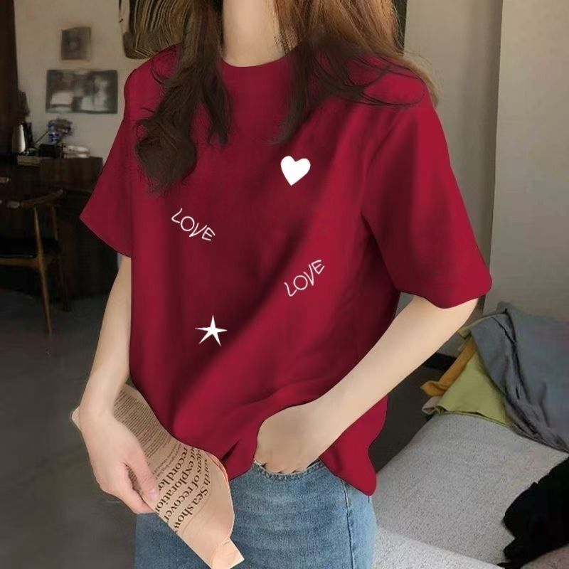 休閒 百搭 洋氣 印花設計 圓領 短袖 T恤 S 波爾多紅 (LOVE愛心/常規短袖) 字母 20-30代 套頭 春夏秋 春夏 夏 常規 休閑 時尚 棉