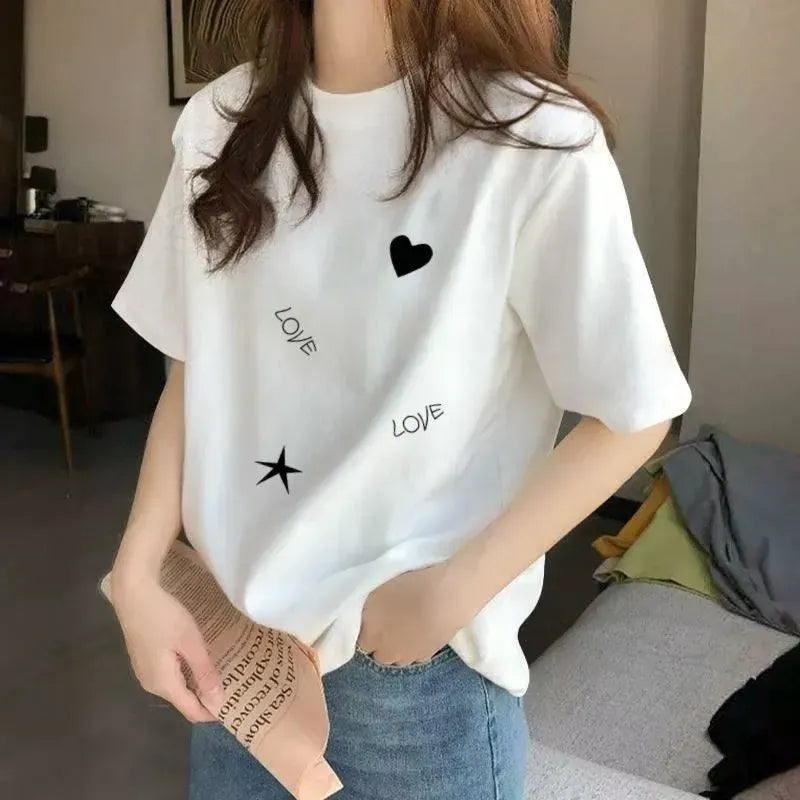 休閒 百搭 洋氣 印花設計 圓領 短袖 T恤 S 杏色 (LOVE愛心/常規短袖) 字母 20-30代 套頭 春夏秋 春夏 夏 常規 休閑 時尚 棉