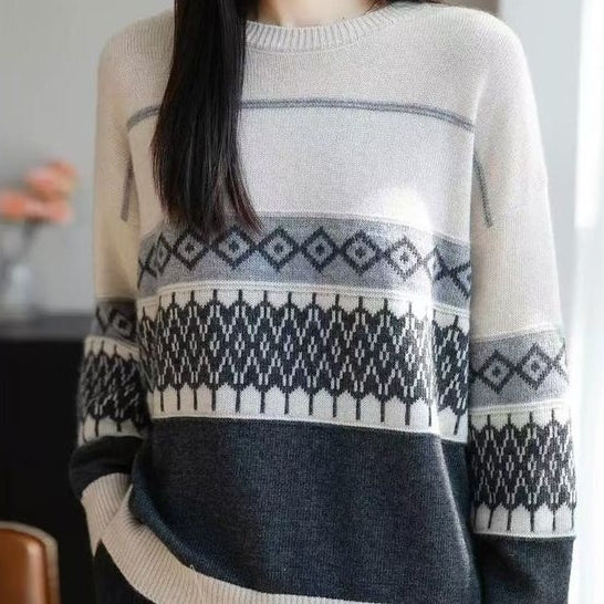舒適軟糯復古印花圓領長袖針織衫 S 白色 撞色 幾何 氨綸 柔軟 百搭 保暖 寬鬆慵懶型 20-30代 套頭 羊絨 一般 無 常規 韓版 休閑 簡約 橫條紋 春秋 秋冬 春 秋 冬