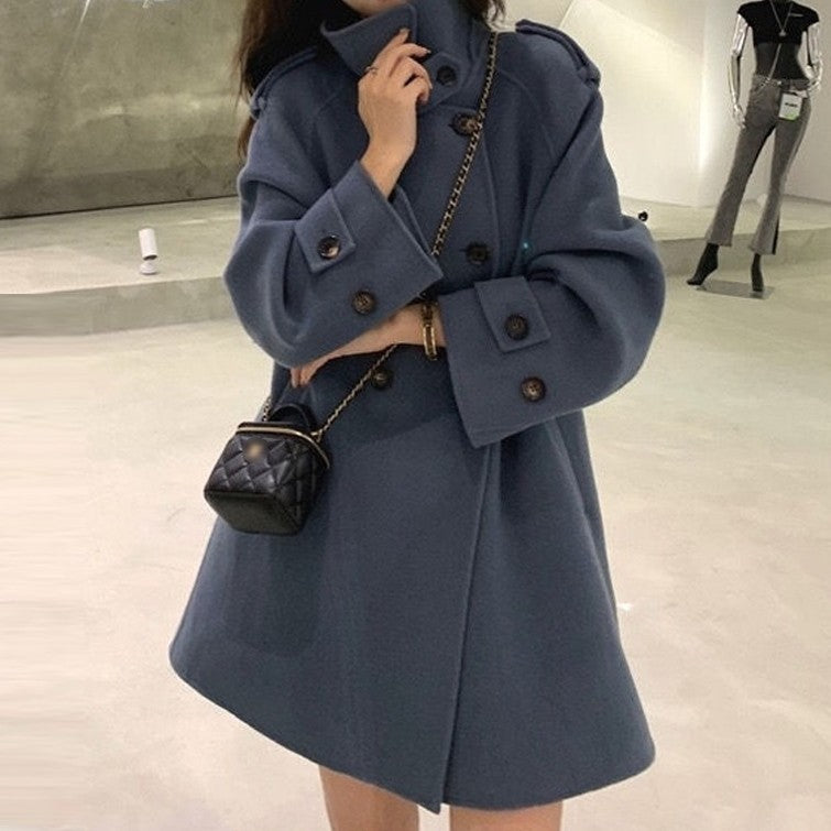 小個子 赫本風 韓系  斗篷 外套 女 毛呢 加厚 雙面 羊絨大衣 M 藍色 素面 立領 長袖 簡約 時尚 休閑 常規 紐扣 呢絨/毛呢 雙排扣 秋冬 20代 30代 40代 顯瘦 高級感 假日/出外 通勤 春秋 保暖