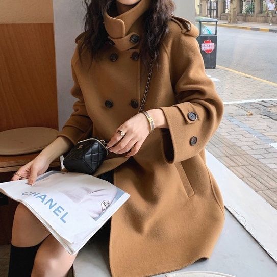 小個子 赫本風 韓系  斗篷 外套 女 毛呢 加厚 雙面 羊絨大衣 M 卡其色 素面 立領 長袖 簡約 時尚 休閑 常規 紐扣 呢絨/毛呢 雙排扣 秋冬 20代 30代 40代 顯瘦 高級感 假日/出外 通勤 春秋 保暖