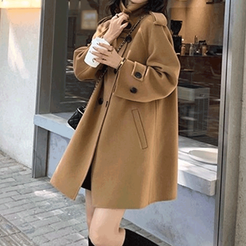 小個子 赫本風 韓系  斗篷 外套 女 毛呢 加厚 雙面 羊絨大衣 M 藍色 素面 立領 長袖 簡約 時尚 休閑 常規 紐扣 呢絨/毛呢 雙排扣 秋冬 20代 30代 40代 顯瘦 高級感 假日/出外 通勤 春秋 保暖