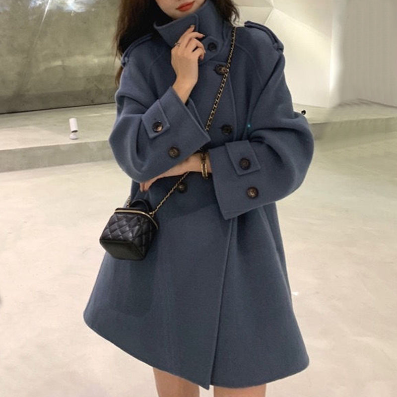 小個子 赫本風 韓系  斗篷 外套 女 毛呢 加厚 雙面 羊絨大衣 M 藍色 素面 立領 長袖 簡約 時尚 休閑 常規 紐扣 呢絨/毛呢 雙排扣 秋冬 20代 30代 40代 顯瘦 高級感 假日/出外 通勤 春秋 保暖