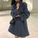 小個子 赫本風 韓系  斗篷 外套 女 毛呢 加厚 雙面 羊絨大衣 M 藍色 素面 立領 長袖 簡約 時尚 休閑 常規 紐扣 呢絨/毛呢 雙排扣 秋冬 20代 30代 40代 顯瘦 高級感 假日/出外 通勤 春秋 保暖