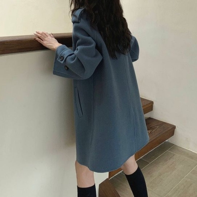 小個子 赫本風 韓系  斗篷 外套 女 毛呢 加厚 雙面 羊絨大衣 M 藍色 素面 立領 長袖 簡約 時尚 休閑 常規 紐扣 呢絨/毛呢 雙排扣 秋冬 20代 30代 40代 顯瘦 高級感 假日/出外 通勤 春秋 保暖