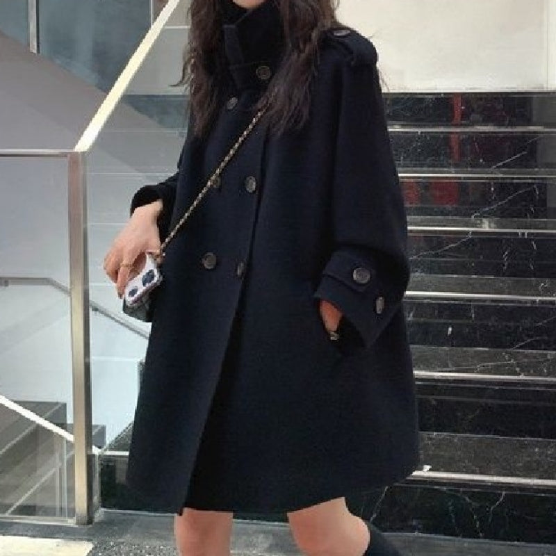 小個子 赫本風 韓系  斗篷 外套 女 毛呢 加厚 雙面 羊絨大衣 M 藍色 素面 立領 長袖 簡約 時尚 休閑 常規 紐扣 呢絨/毛呢 雙排扣 秋冬 20代 30代 40代 顯瘦 高級感 假日/出外 通勤 春秋 保暖