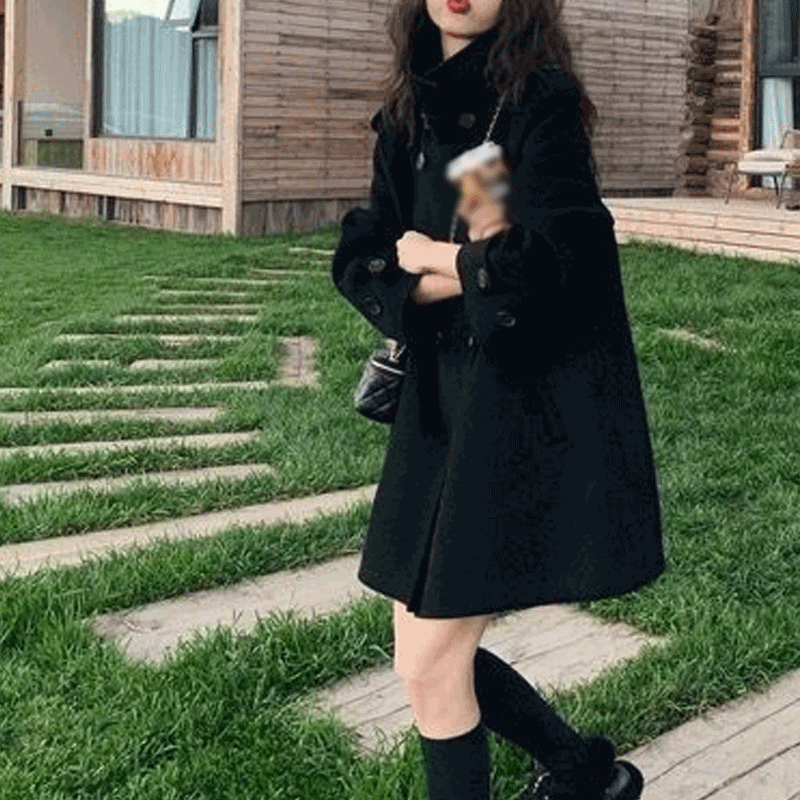小個子 赫本風 韓系  斗篷 外套 女 毛呢 加厚 雙面 羊絨大衣 M 藍色 素面 立領 長袖 簡約 時尚 休閑 常規 紐扣 呢絨/毛呢 雙排扣 秋冬 20代 30代 40代 顯瘦 高級感 假日/出外 通勤 春秋 保暖