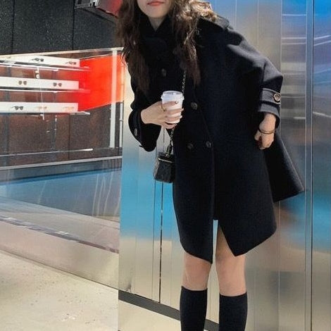 小個子 赫本風 韓系  斗篷 外套 女 毛呢 加厚 雙面 羊絨大衣 M 藍色 素面 立領 長袖 簡約 時尚 休閑 常規 紐扣 呢絨/毛呢 雙排扣 秋冬 20代 30代 40代 顯瘦 高級感 假日/出外 通勤 春秋 保暖