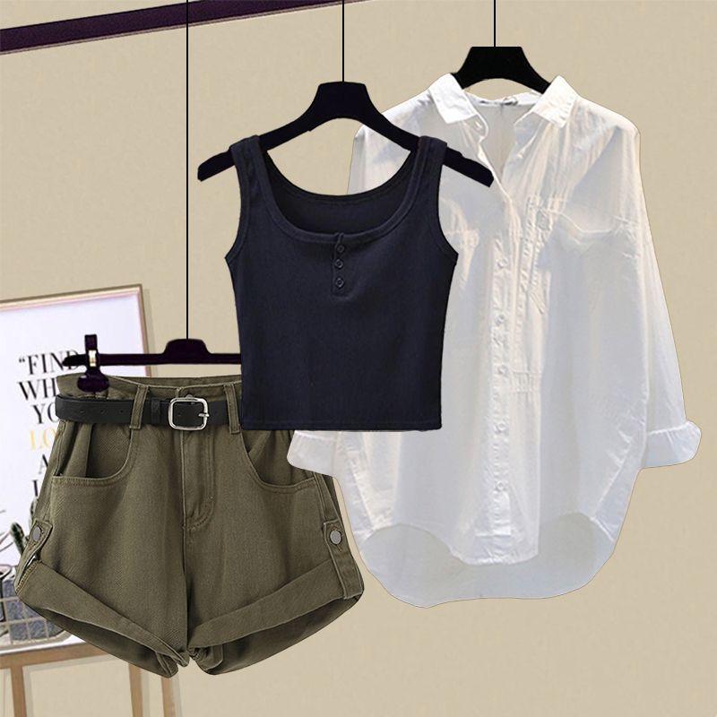 【整套販售/可分售】復古風 素面 背心+紐扣 襯衫+牛仔 短褲 套裝 M 軍綠色背心/單品