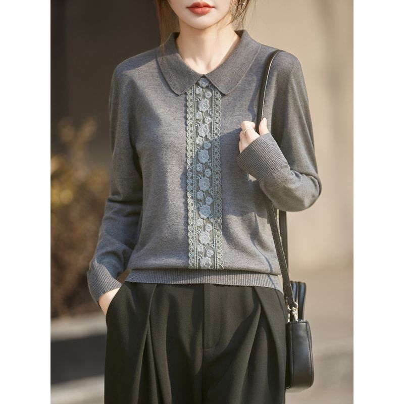 高級感蕾絲拼接翻領長袖針織衫 均碼 淺灰色 素面 套頭 百搭 保暖 辦公室 日常 通勤 假日/出外 寬鬆感 微寬鬆款 30代 30-40代 POLO領 簡約 娃娃領 一般 常規 優雅 輕熟 休閑 羊毛 春秋 秋冬 春 秋 冬