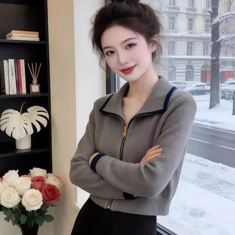個性風格翻領拉鏈收腰針織衫 S 灰色 素面 撞色 長袖 簡約 時尚 休閑 韓版 常規 拼接 拉鍊 短款 20-30代 修身 春秋 春 秋