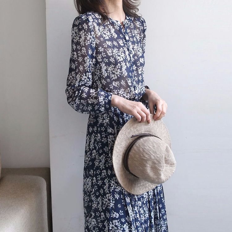韓版高級感時尚碎花鬆緊腰顯瘦印花洋裝 M 藏青色七分袖 撞色 聚酯纖維 短袖 簡約 常規 壓褶 紐扣 無 及膝長度 Ａ字裙 夏 不規則 套頭 20-40代