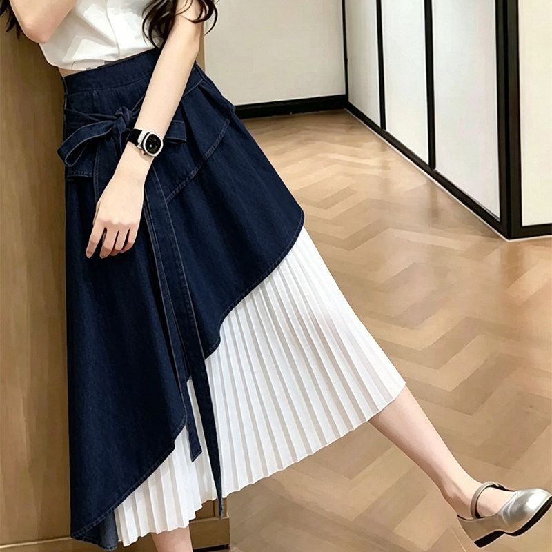高級感 氣質 牛仔拼接 百褶 半身裙 S 藍色
