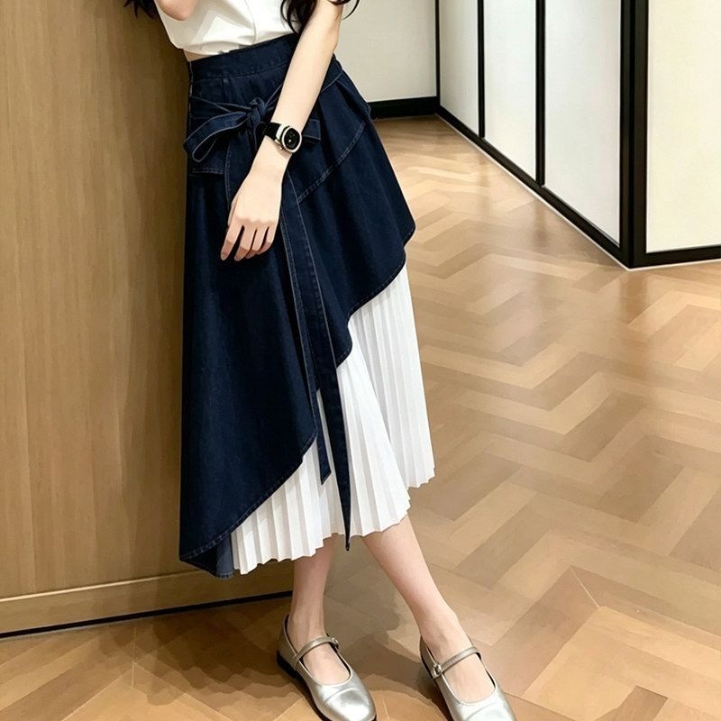 高級感 氣質 牛仔拼接 百褶 半身裙 S 藍色