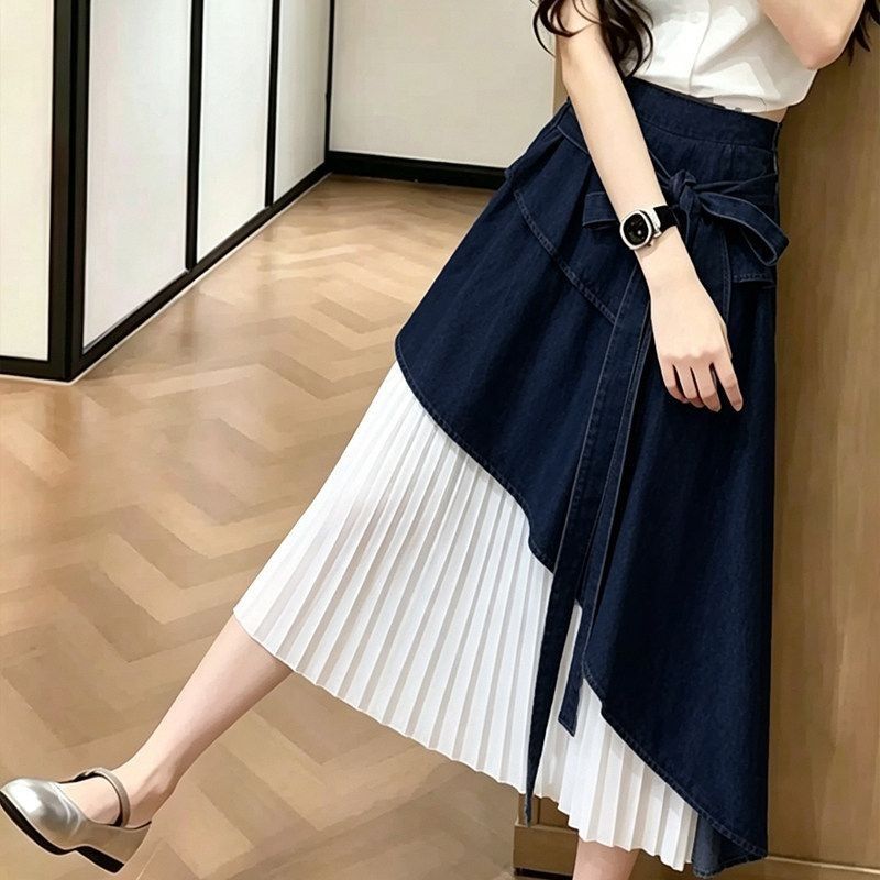 高級感 氣質 牛仔拼接 百褶 半身裙 S 藍色