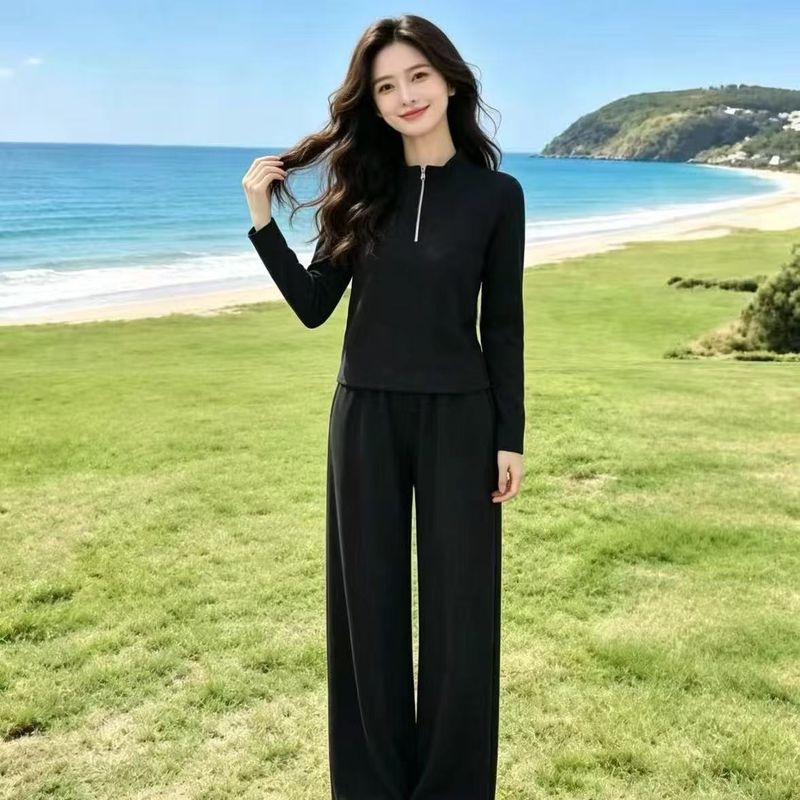 出門快速穿搭拉鏈翻領長袖衛衣+高腰運動褲 S 上衣 + 褲子【兩件套】 素面 長褲 聚酯纖維 日常 假日/出外 顯腿長 顯瘦 直筒 20-30代 半拉鏈 運動風 立領 一般 拉鍊 常規 休閑 兩件套 春秋 春 秋
