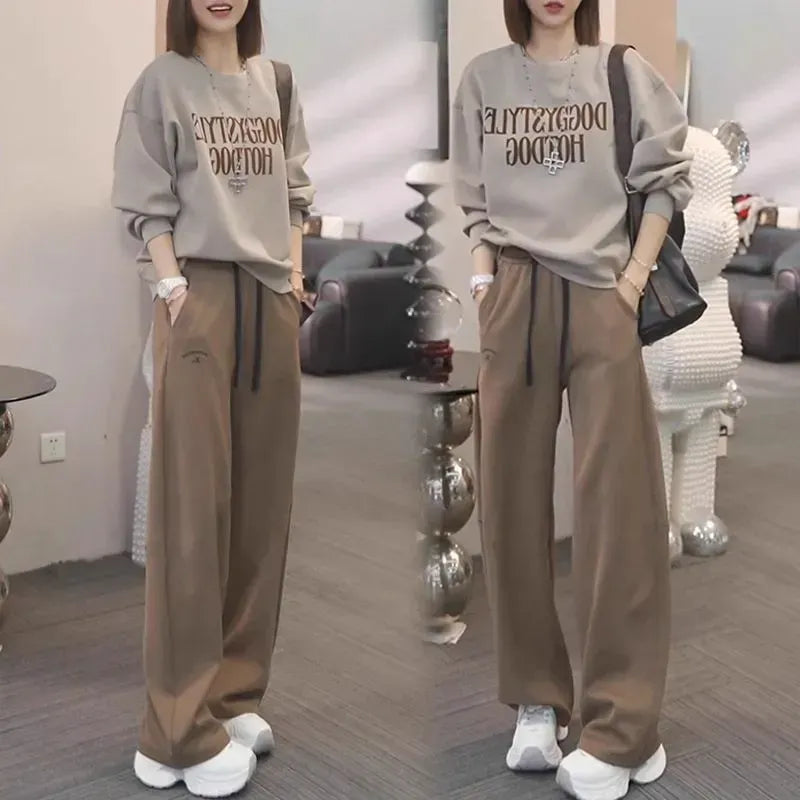 【可單件/成套購買】 日常上班都能穿字母印花衛衣+高腰休閒褲兩件套 M 摩卡色衛衣+摩卡棕褲子【套裝】 聚酯纖維 圓領 周末 寬鬆感 顯瘦 寬鬆 20-40代 套頭 百搭 長袖 一般 中腰 有口袋 腰帶 常規 休閑 時尚 春秋