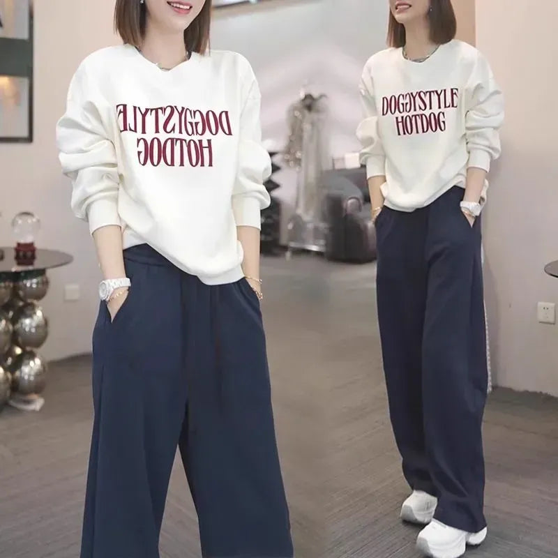 【可單件/成套購買】 日常上班都能穿字母印花衛衣+高腰休閒褲兩件套 M 摩卡色衛衣+摩卡棕褲子【套裝】 聚酯纖維 圓領 周末 寬鬆感 顯瘦 寬鬆 20-40代 套頭 百搭 長袖 一般 中腰 有口袋 腰帶 常規 休閑 時尚 春秋