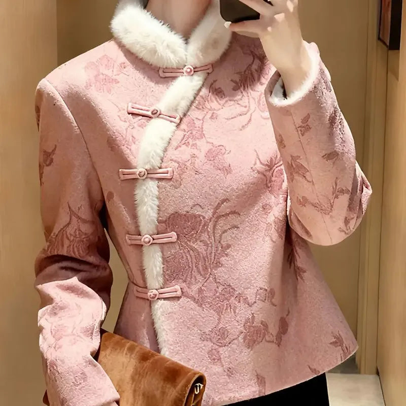 新中式國風立領盤扣提花襯衫 M 圖片色 花朵 混紡 長袖 中國風 經典款 常規 人造毛/毛絨 紐扣 短款 秋冬 冬