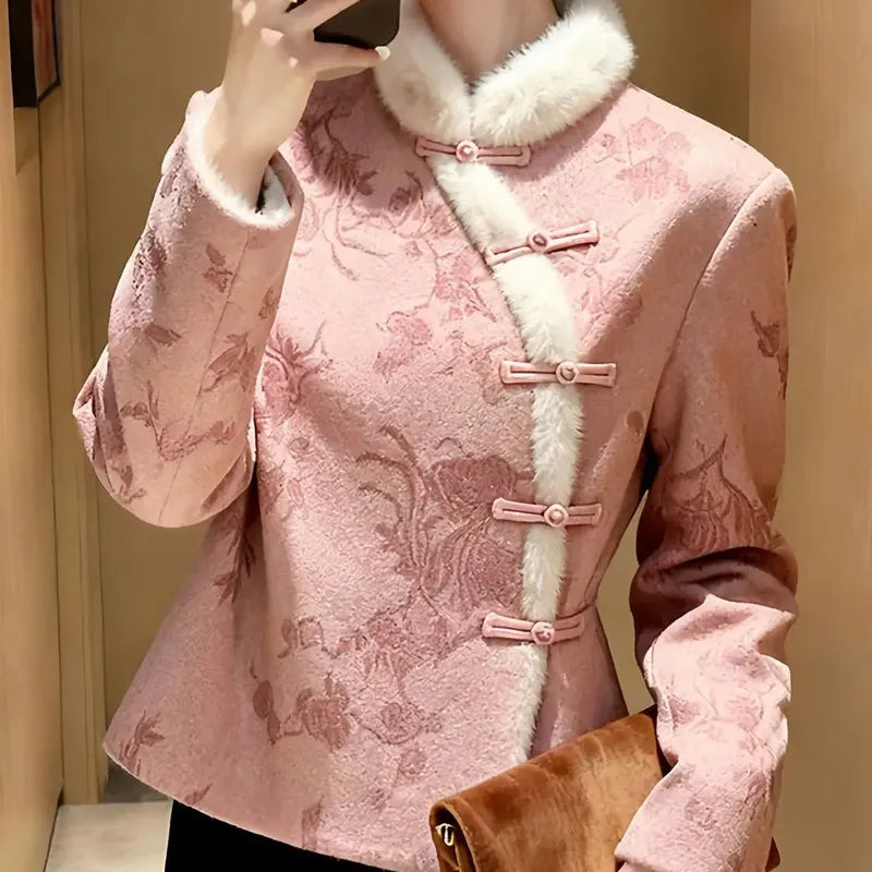 新中式國風立領盤扣提花襯衫 M 圖片色 花朵 混紡 長袖 中國風 經典款 常規 人造毛/毛絨 紐扣 短款 秋冬 冬