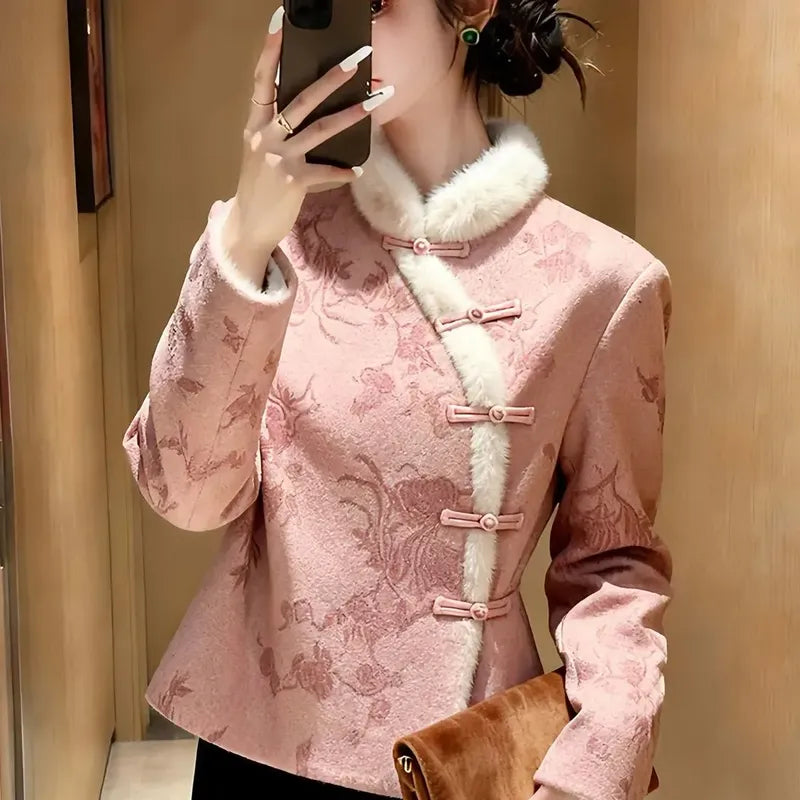 新中式國風立領盤扣提花襯衫 M 圖片色 花朵 混紡 長袖 中國風 經典款 常規 人造毛/毛絨 紐扣 短款 秋冬 冬