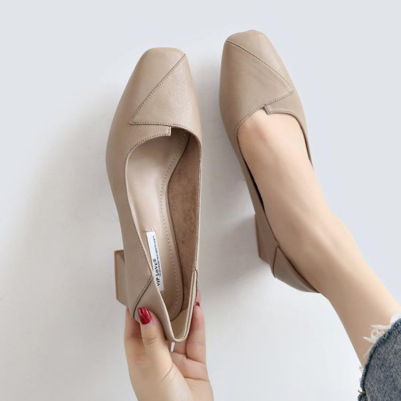通勤 百搭 舒適 方頭 素面 粗跟 高跟鞋 34 杏色