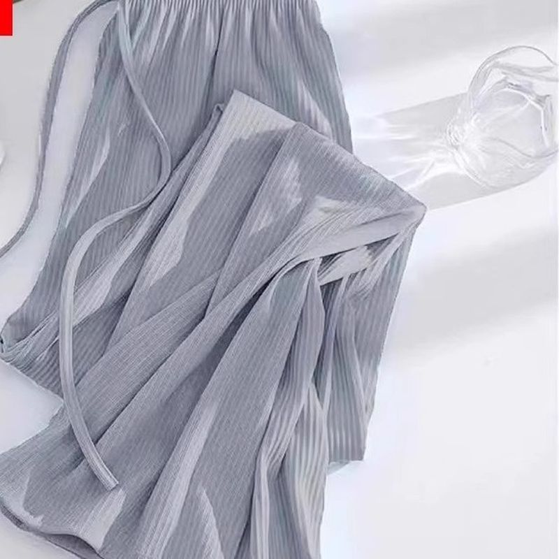【單/兩件裝】簡約 百搭 冰絲 涼感 休閒 直筒 長褲 S 灰色 (拖地款) 素面 顯腿長 休閑 綁帶 夏 20-50代 聚酯纖維 顯瘦 居家 寬鬆感 通勤 日常 耐久性 柔軟 高透氣 九分褲 常規款 高腰