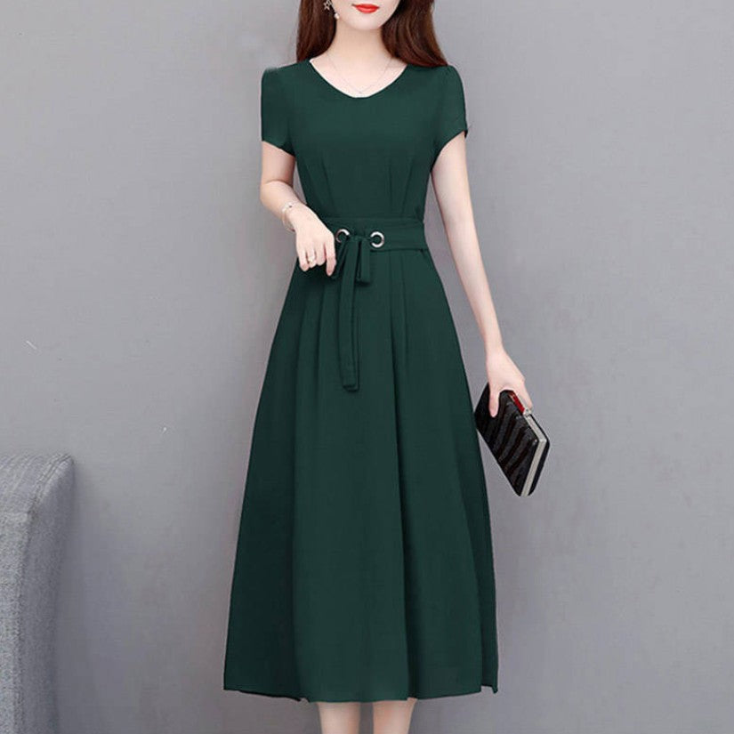 【3色/M-5XL】視覺-5KG 素面 圓領 壓褶 綁帶 優雅 長洋裝 M 黑色