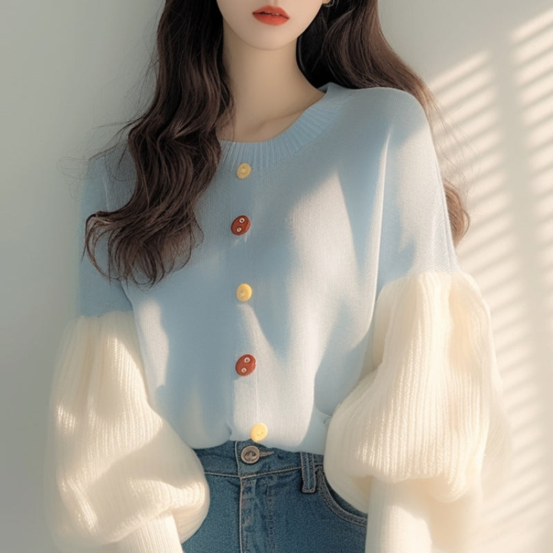 韓系清新設計感撞色紐扣燈籠袖針織 S 藍色 春 秋 冬 通勤 假日/出外 約會 高級感 套頭 圓領 甜美 時尚 長袖