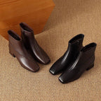 超值必收 軟皮 中跟 方頭 短筒靴 35 黑色單裡 冬 春秋 秋冬 PU 合成材料 低跟 防水 保暖 方頭鞋 通勤 優雅 日常 拉鍊 方跟 人造短毛絨 橡膠