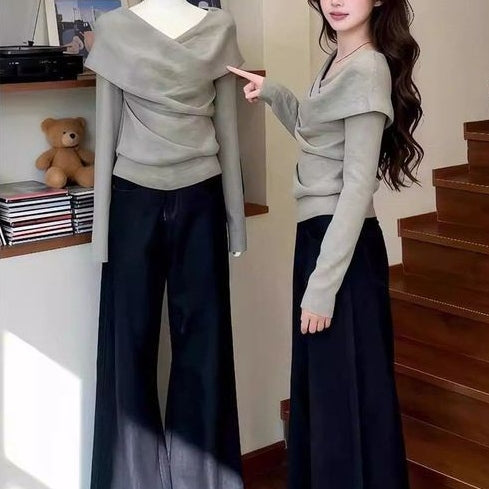 【可單件/成套購買】 韓系鬆弛感交叉領上衣+高腰闊腿褲 S 灰卡其色/上衣 + 闊腿牛仔褲【2件套】 素面 一字領 針織 牛仔布 露鎖骨 日常 約會 假日/出外 形象升級 顯腿長 顯瘦 20-30代 長褲 套頭 V領 長袖 短款 一般 抽褶