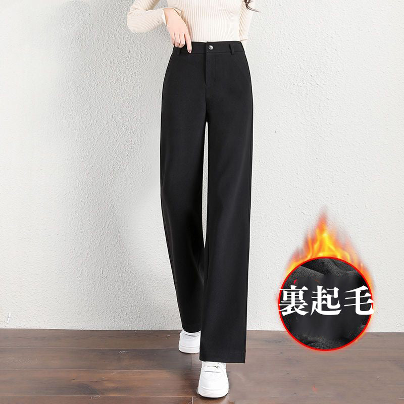 視覺細 氣質 休閒 毛呢 高腰 垂感 寬鬆 直筒 長褲 S 黑色/加絨