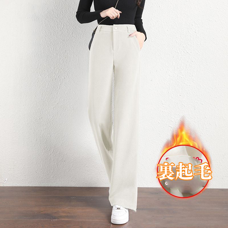 視覺細 氣質 休閒 毛呢 高腰 垂感 寬鬆 直筒 長褲 S 咖啡色