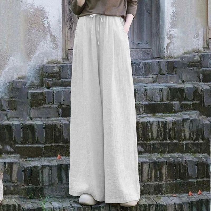 12色可選 百搭 極簡魅力 復古 氣質 棉麻 高檔 鬆緊腰 素面 寬褲 M 白色/綁帶