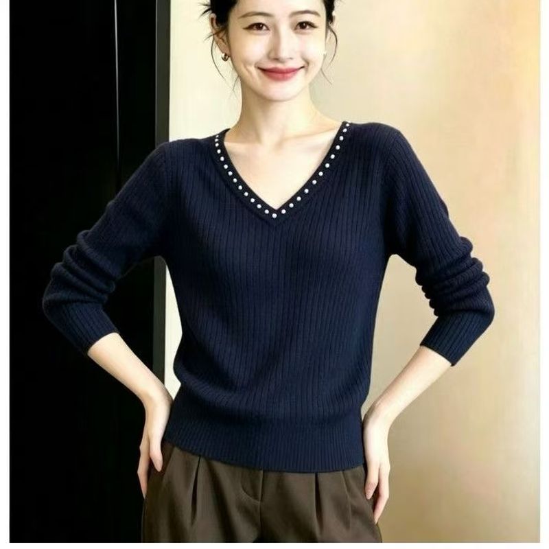 休閒百搭 V領 釘珠 坑條 針織衫 均碼 圖片色