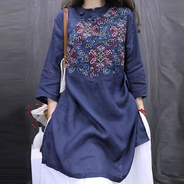 復古 顯瘦 重工刺繡 文藝 百搭 棉麻 包邊 寬鬆洋氣 中長款 襯衫 M 粉色 印花 花朵 七分袖 中國風 森系 常規 春秋 圓領 套頭
